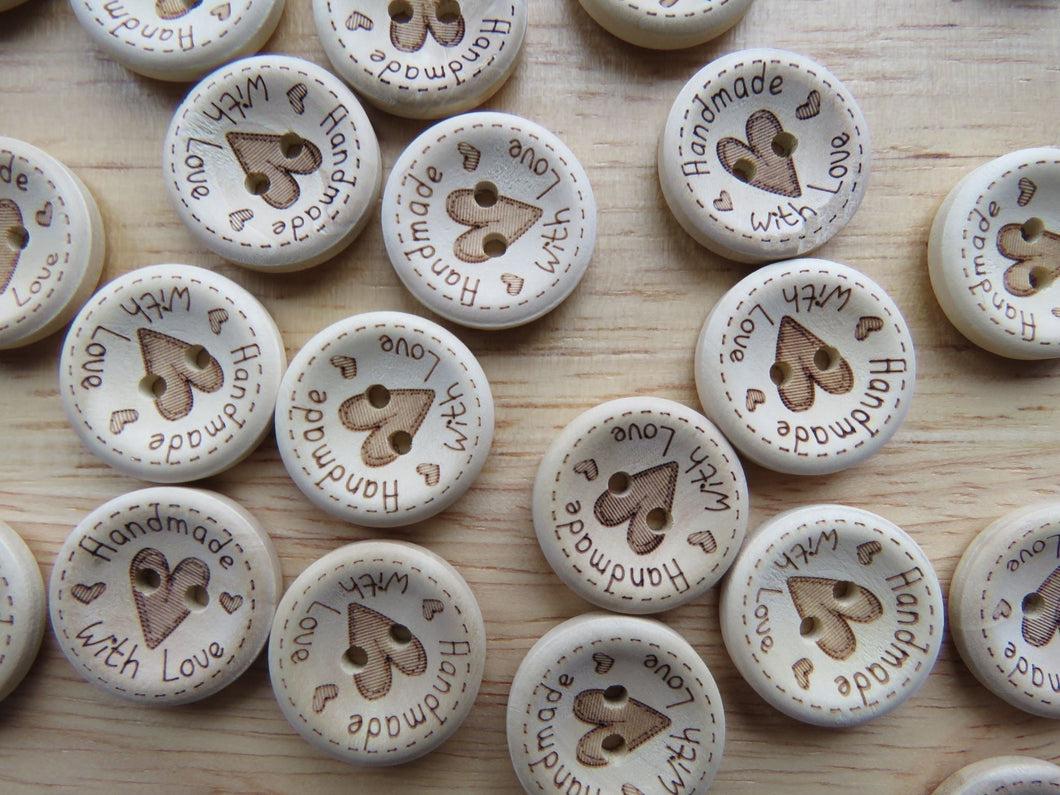 50 Large Heart in Centre with  Handmade with love on circumference 20mm buttons