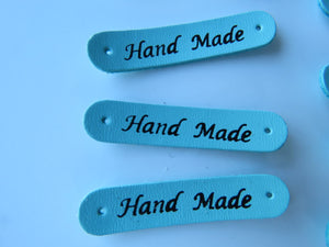 10 Teal Blue Hand Made PU Leather labels 50x10mm
