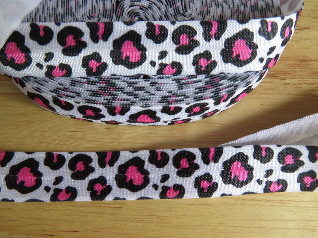 1.8m or 2m- Fold over elastic 15mm Pink Leopard spot white elastic- precut as only pieces left.