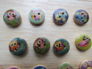50 Owl print 15mm buttons-brown back