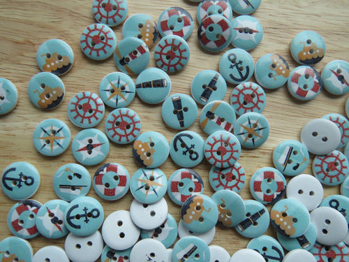 10 Blue Sailing Marine Nautical Wooden Buttons