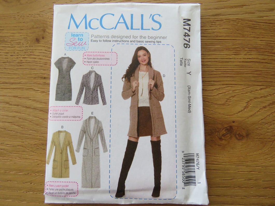 McCalls M7476 Cardigans and Vest pattern perfect for merino jersey knits- Sz Xs to M