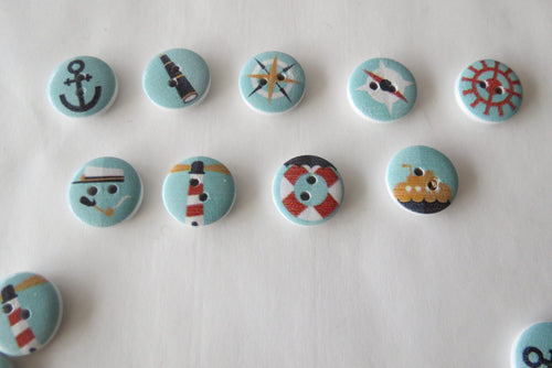 50 Blue Nautical Marine Print 15mm Wooden Buttons
