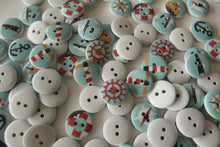 Load image into Gallery viewer, 50 Blue Nautical Marine Print 15mm Wooden Buttons