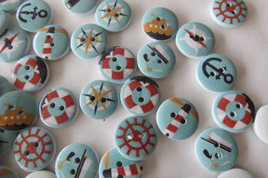 50 Blue Nautical Marine Print 15mm Wooden Buttons