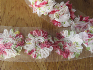 3 Cream Red Green Yellow Chiffon Shabby Chic Flowers 60mm