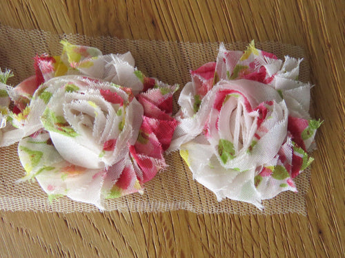 3 Cream Red Green Yellow Chiffon Shabby Chic Flowers 60mm