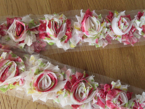 4 Cream Red Green Yellow Chiffon Shabby Chic Flowers 50-60mm