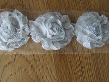 Load image into Gallery viewer, 6 Silver Sparkle Shabby Chic Flowers 50mm diameter