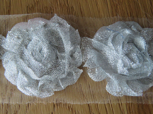 6 Silver Sparkle Shabby Chic Flowers 50mm diameter
