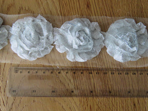 6 Silver Sparkle Shabby Chic Flowers 50mm diameter