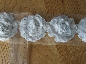 6 Silver Sparkle Shabby Chic Flowers 50mm diameter