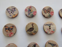 Load image into Gallery viewer, 10 Bird and Butterfly 20mm diameter wood look buttons