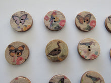 Load image into Gallery viewer, 11 Bird and Butterfly 20mm diameter wood look buttons