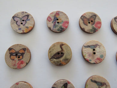11 Bird and Butterfly 20mm diameter wood look buttons