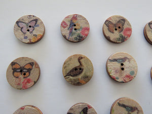 11 Bird and Butterfly 20mm diameter wood look buttons
