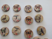 Load image into Gallery viewer, 11 Bird and Butterfly 20mm diameter wood look buttons