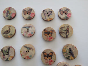 11 Bird and Butterfly 20mm diameter wood look buttons