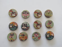 Load image into Gallery viewer, 10 Owl print 20mm diameter wood look buttons