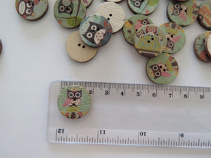 10 Owl print 20mm diameter wood look buttons