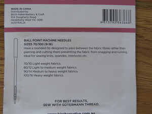 10 Ball Point Machine Needles 70, 80, 90 and 100- Birch Creative