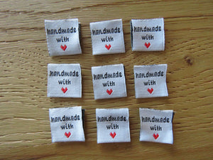 10 White Handmade with red heart 2 x 2cm satin labels.