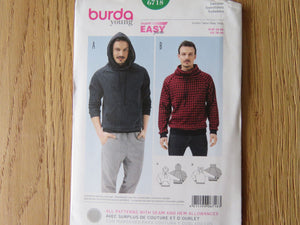 Burda 6718 Mens Hoodie Sweatshirt pattern with hood or without