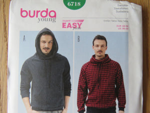 Burda 6718 Mens Hoodie Sweatshirt pattern with hood or without