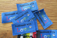 Load image into Gallery viewer, 25 Blue Handmade with Love 4.5 x 2.5cm Labels