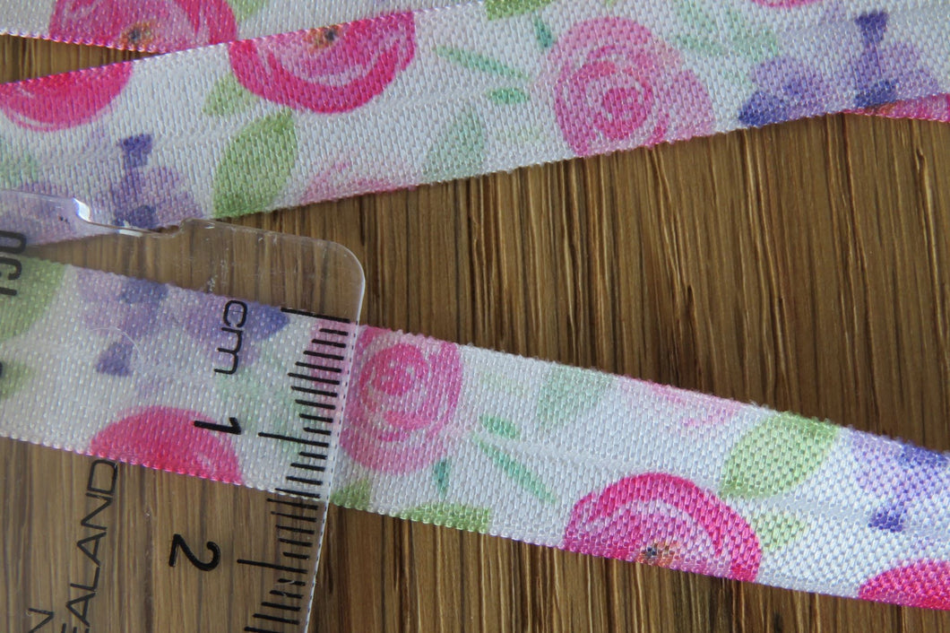 4.9m Pastel Pink and Purple Roses FOE Fold Over Foldover Elastic 15mm