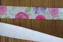 Load image into Gallery viewer, 4.9m Pastel Pink and Purple Roses FOE Fold Over Foldover Elastic 15mm