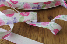 Load image into Gallery viewer, 4.9m Pastel Pink and Purple Roses FOE Fold Over Foldover Elastic 15mm