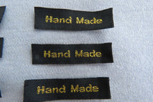 Load image into Gallery viewer, 10 Black with Gold Handmade labels 45mm x 10mm