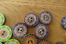 Load image into Gallery viewer, 11 Mixed Pattern Retro Floral print 25mm wooden buttons- random mix