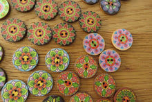 Load image into Gallery viewer, 11 Mixed Pattern Retro Floral print 25mm wooden buttons- random mix